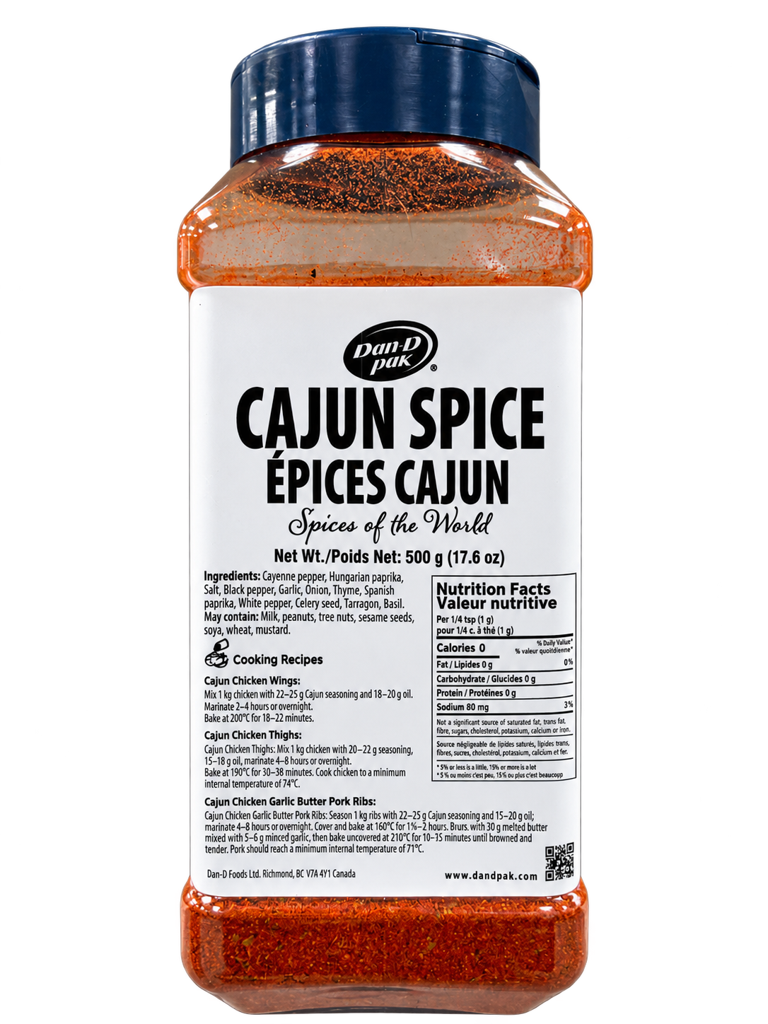 One 500 g Dan-D Pak Cajun Spice jar, shown from the front
