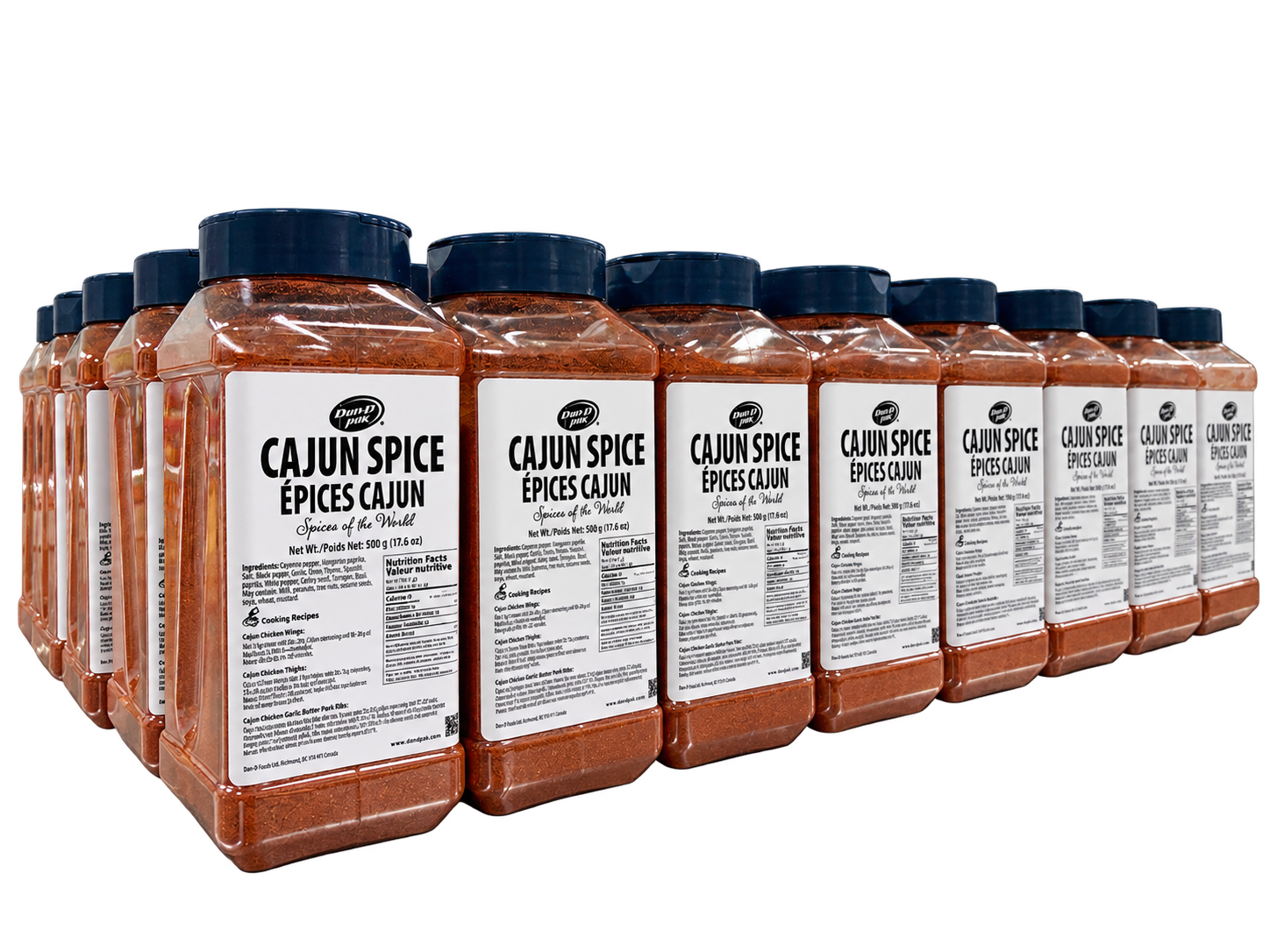 A row of Dan-D Pak Cajun Spice 500 g jars