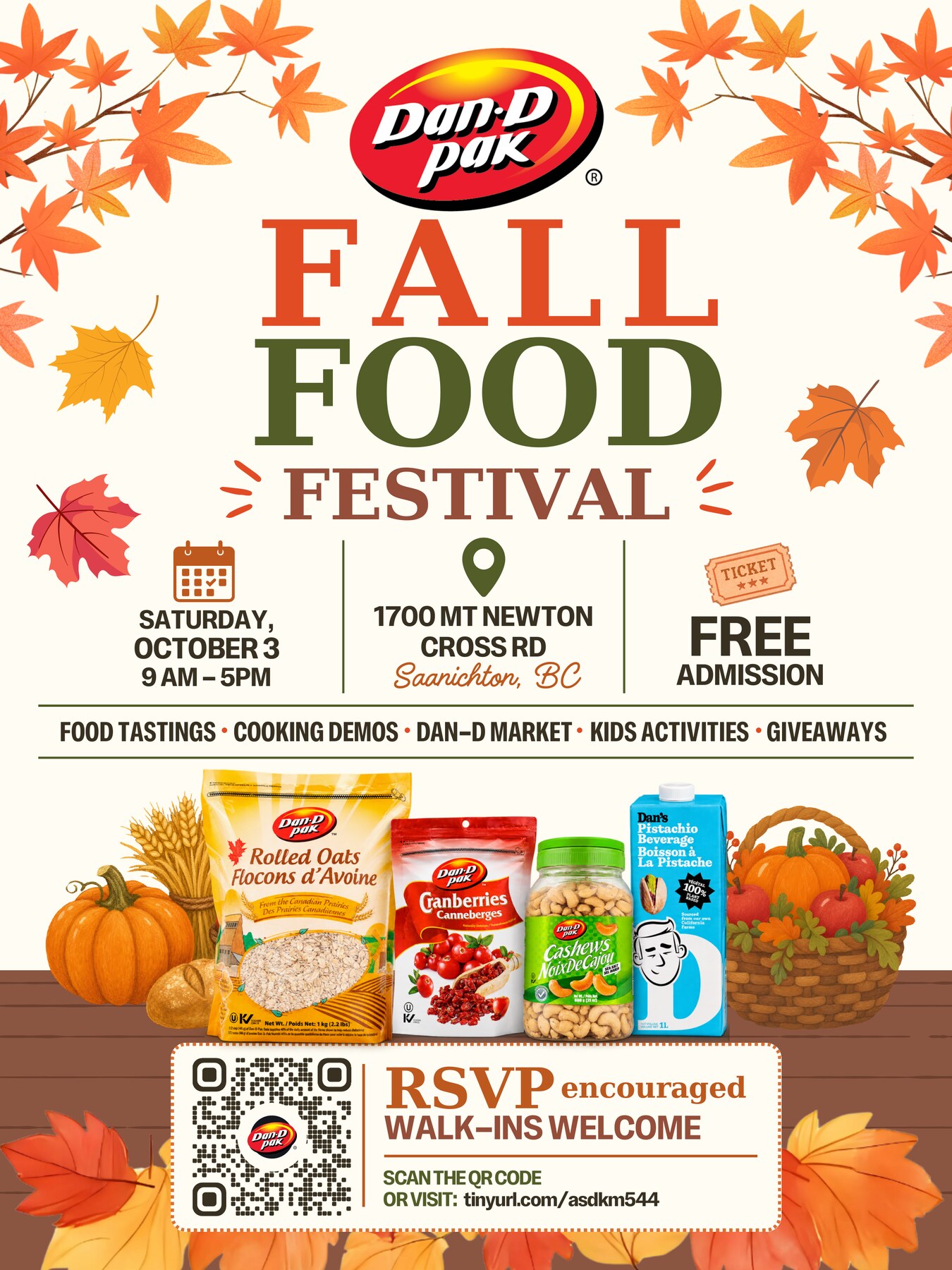 Dan-D Pak Fall Food Festival poster with event details for October 3 in Saanichton, BC