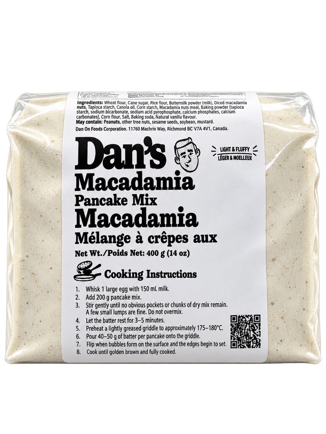 Front of Dan’s Macadamia Pancake Mix 400 g retail pack, with ingredient list and cooking instructions visible