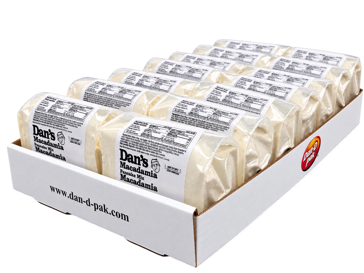Dan’s Macadamia Pancake Mix retail packs arranged in a Dan-D Pak display carton